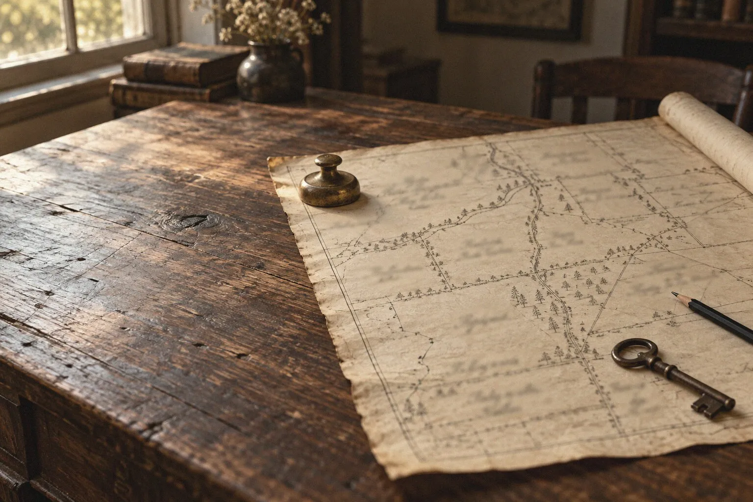 An old hand-drawn land survey held flat on a wooden table by a brass weight and an antique key.