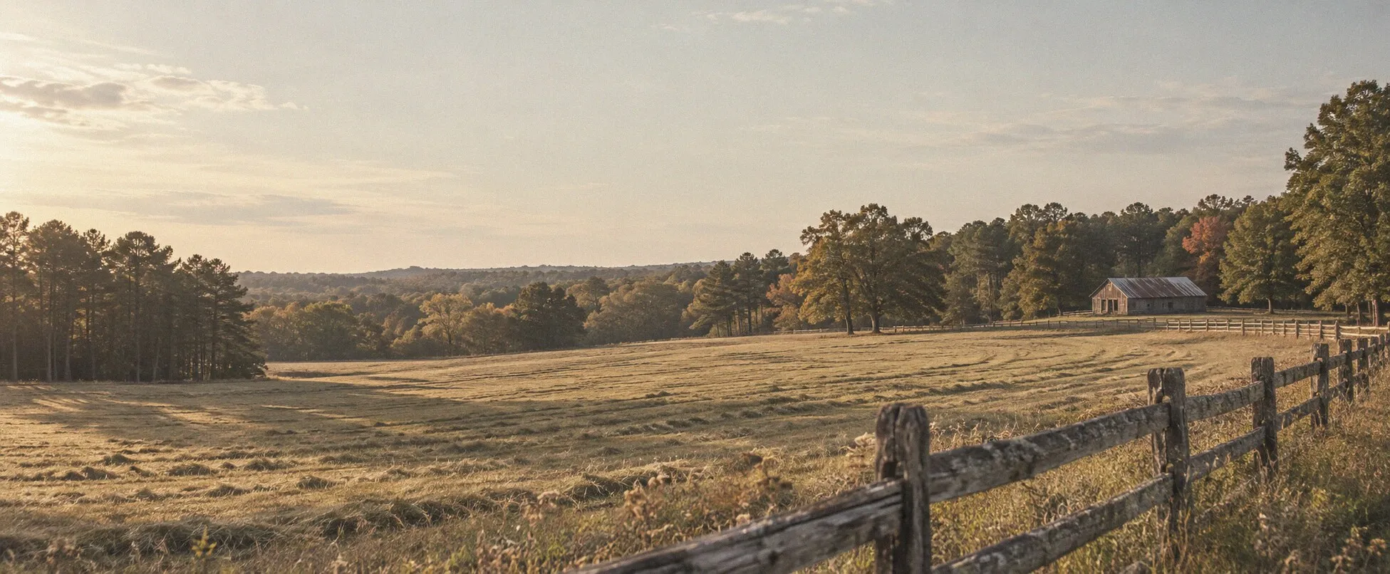A mown field edged with pines and a split-rail fence, with a small barn in the distance, in late afternoon light.
