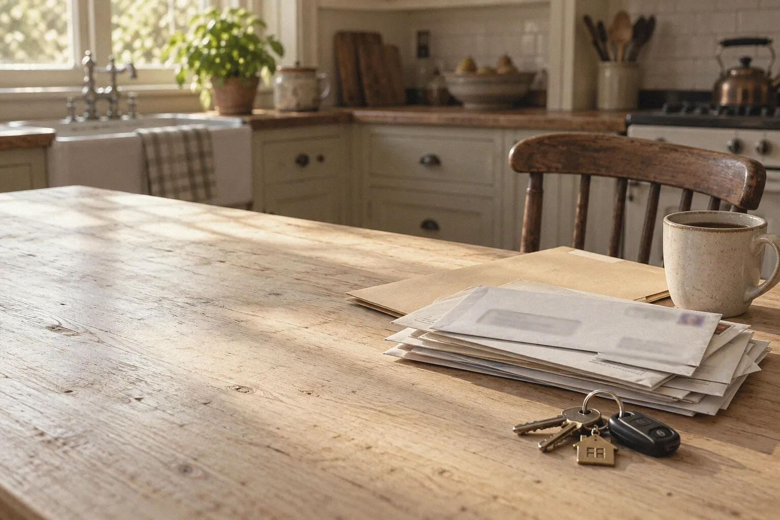 A pile of envelopes, a folder, a ring of keys and a coffee mug on a kitchen table in morning light.